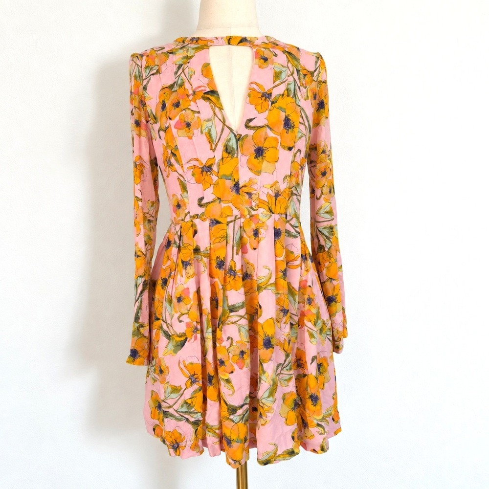 Free People Tegan Mini Dress Women 8 Pink Floral Pleated Boho Keyhole LongSleeve